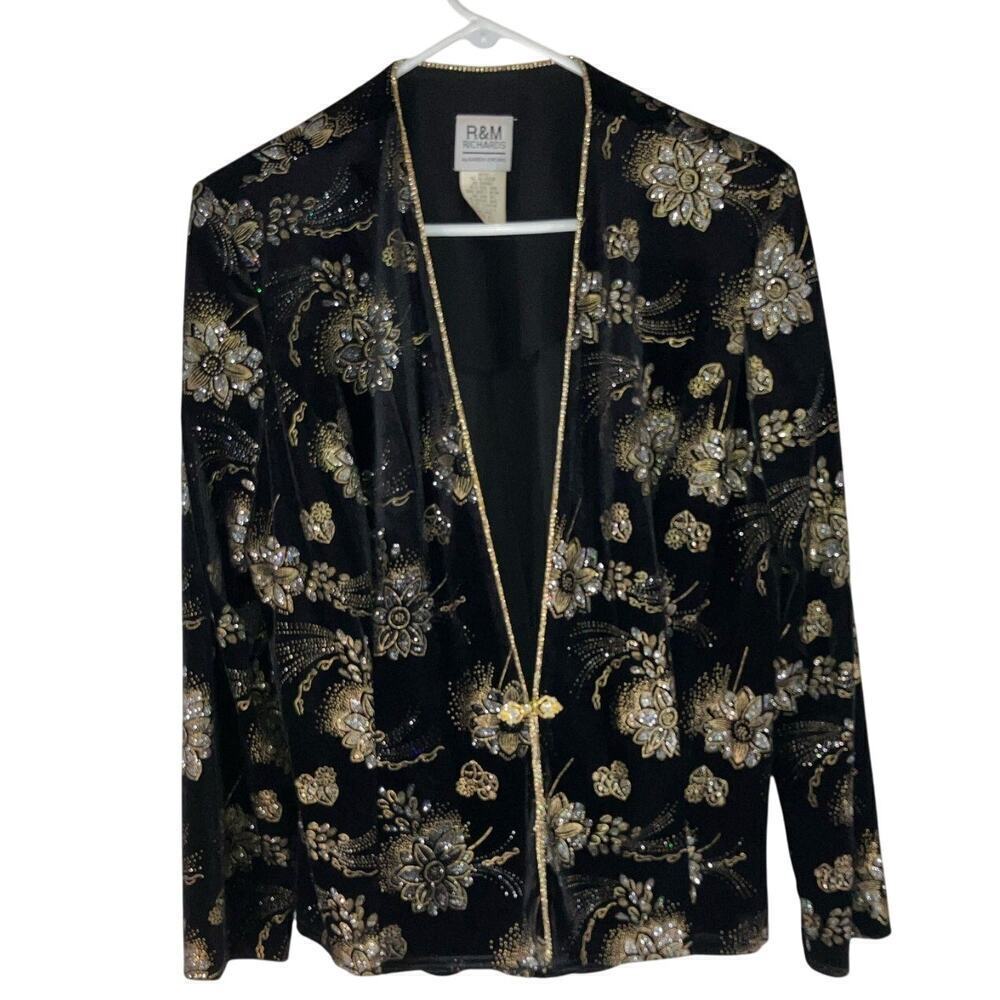 Women’s Vintage 14 M R&M‎ Richards Black Velvet Jacket Gold Silver Blazer